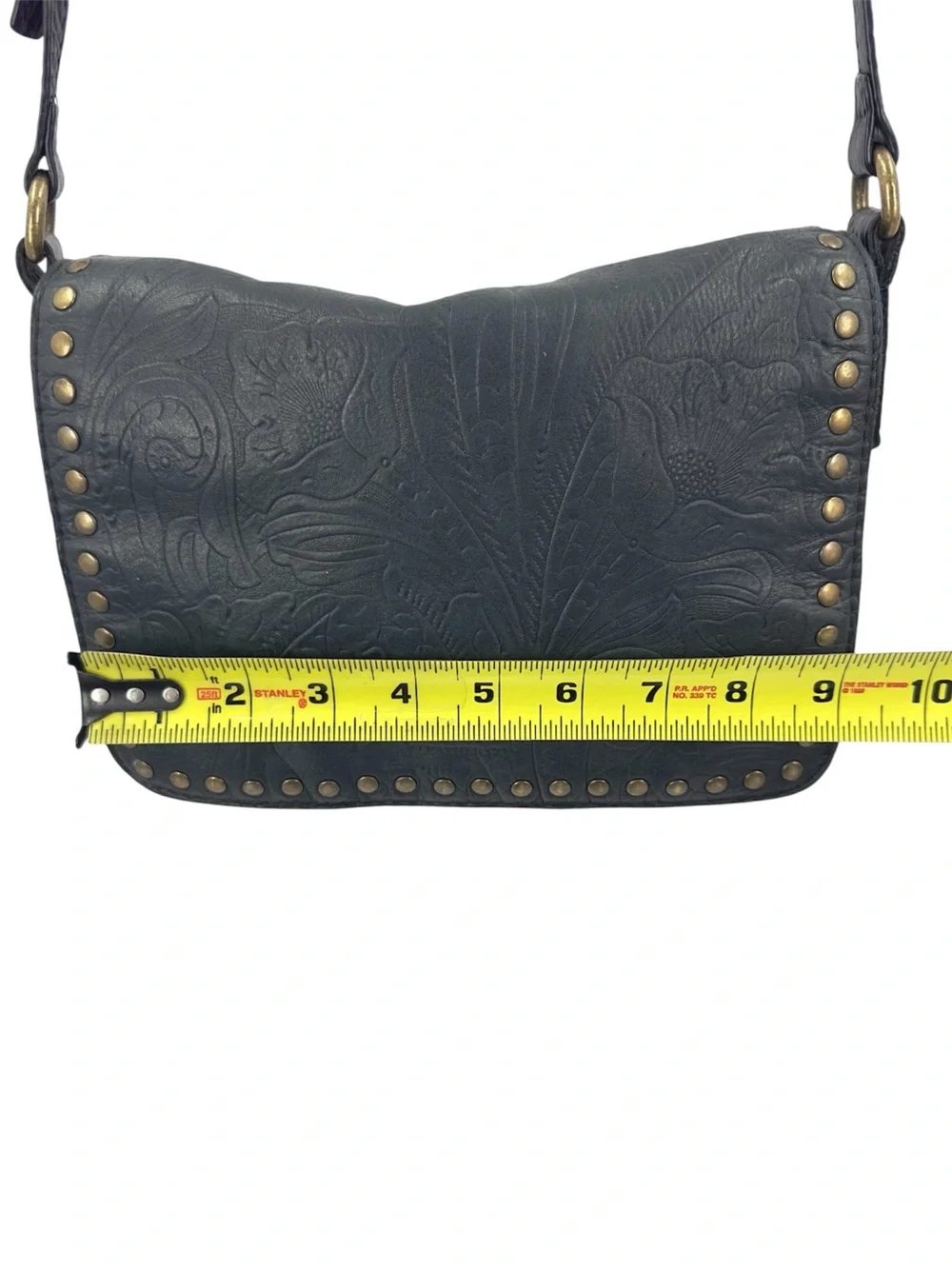 American Leather Co Tooled Leather Crossbody Purse Studded Boho Classic Flap Bag